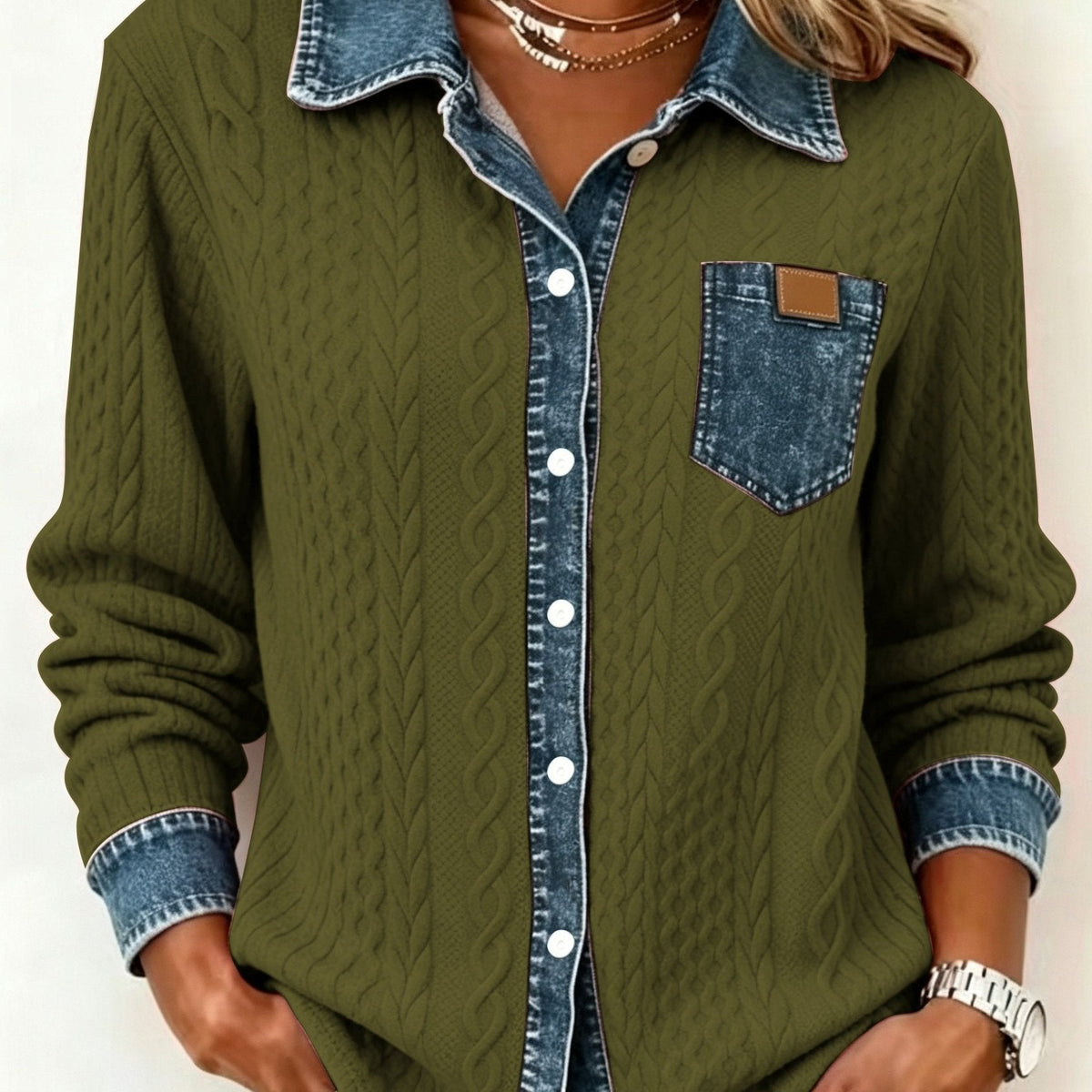 Women's Cable-Knit Cardigan - Contrast Collar Button-Front Knitwear