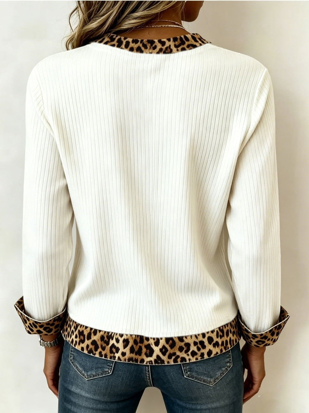 Women's V-Neck Top- Animal-Print Trim