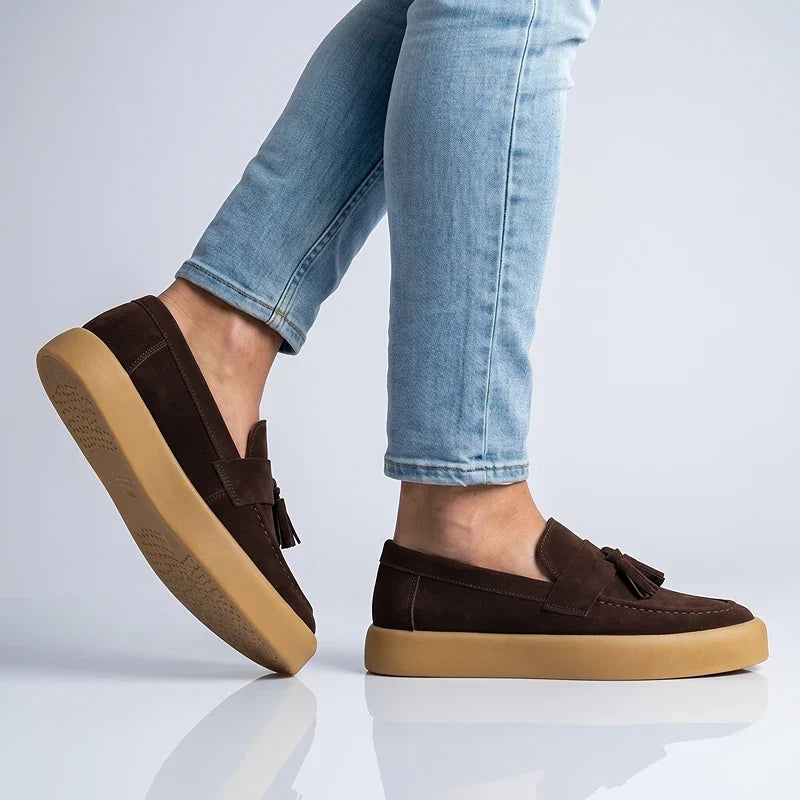 Men's Tassel Loafers- Suede-Look Upper and Tan Sole