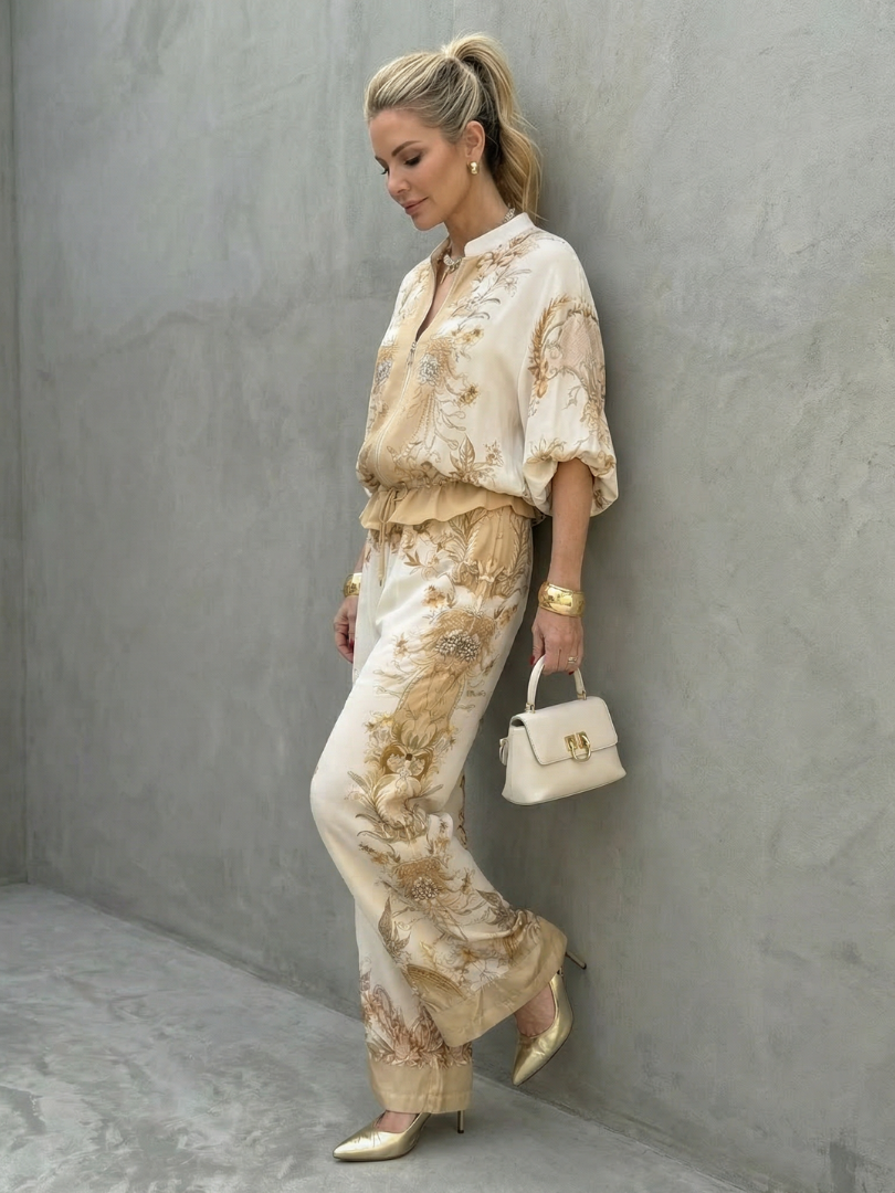Women's Printed Two-Piece Set- Zip-Front Blouson and Trousers
