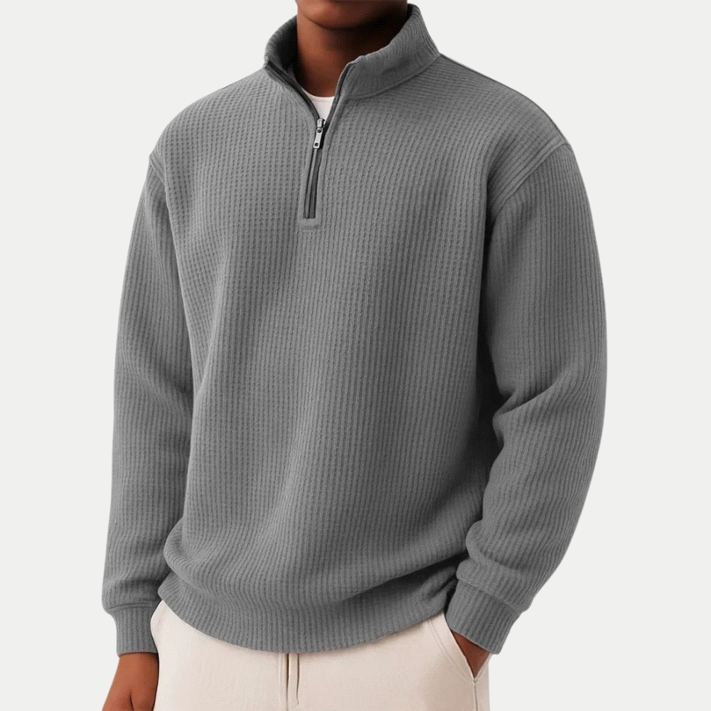 Men's Quarter-Zip Jumper- High Neck and Ribbed Trim