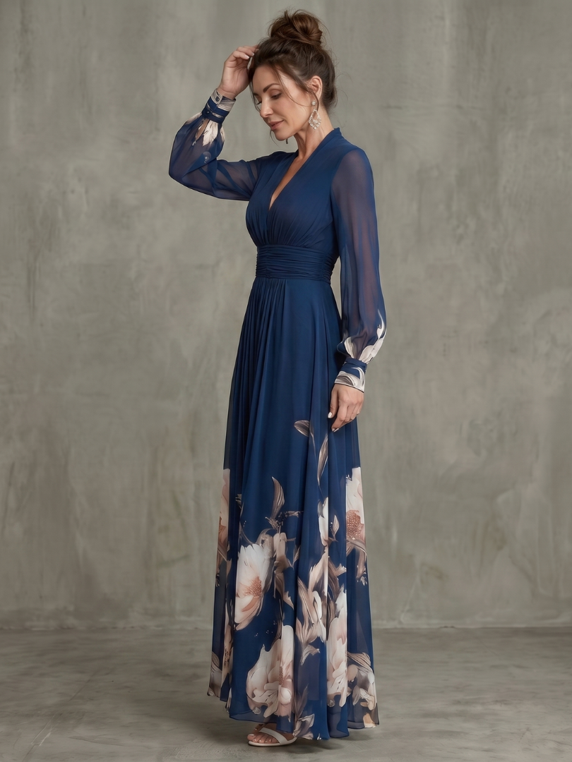 Women's Pleated Maxi Dress- Sheer Sleeves