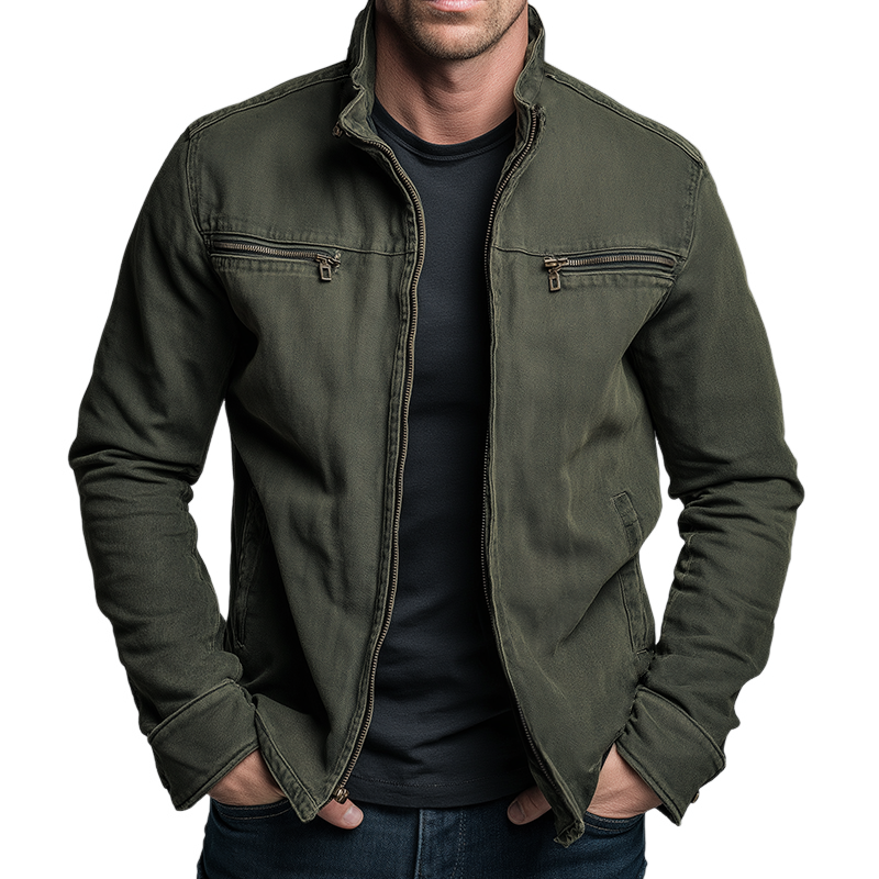 Men's Zip-Up Jacket - Stand-Collar Utility Outerwear