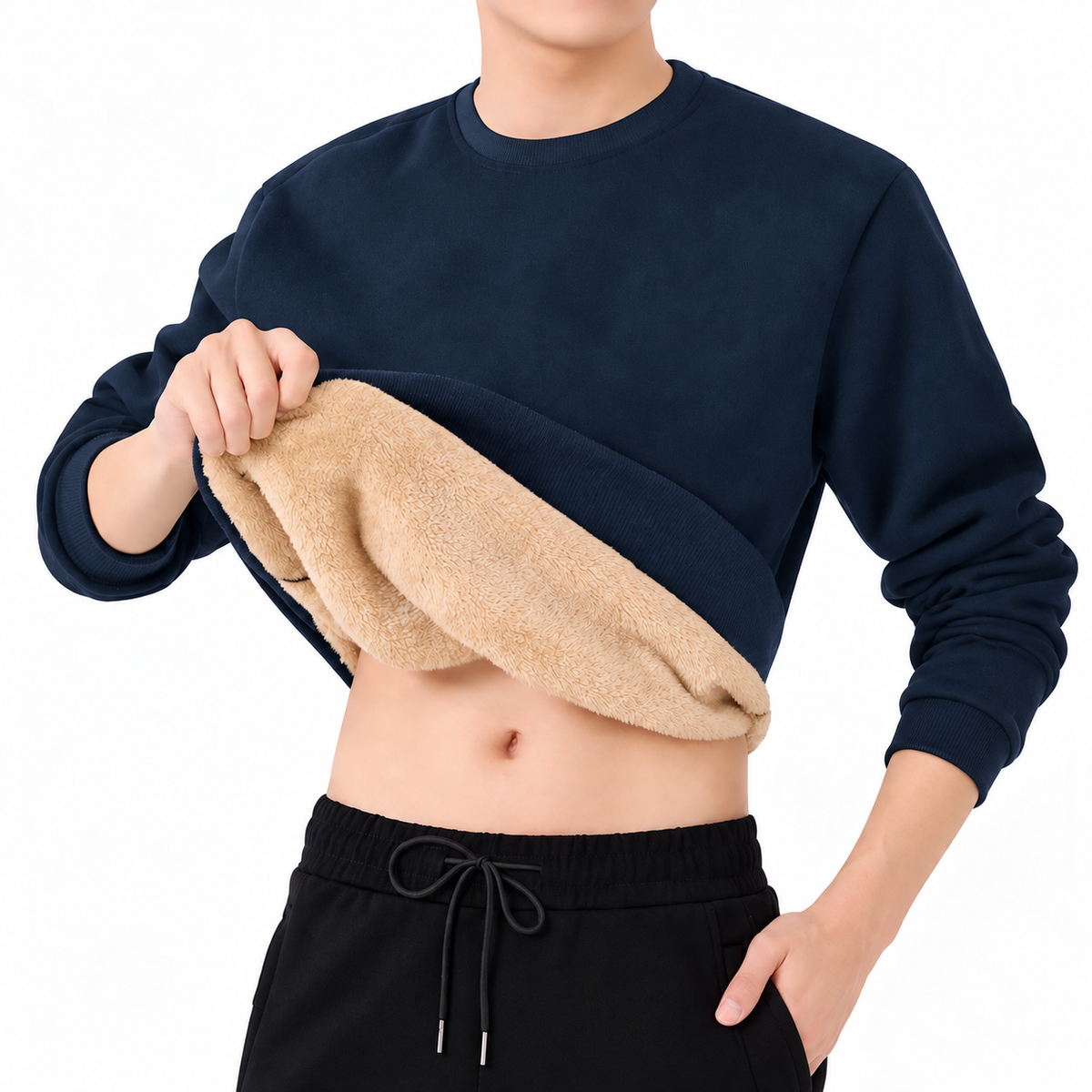 Men's Fleece Sweatshirt- Crew Neck and Ribbed Trim