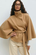 Women's Cape Coat - High-Collar Belted Winter Jacket