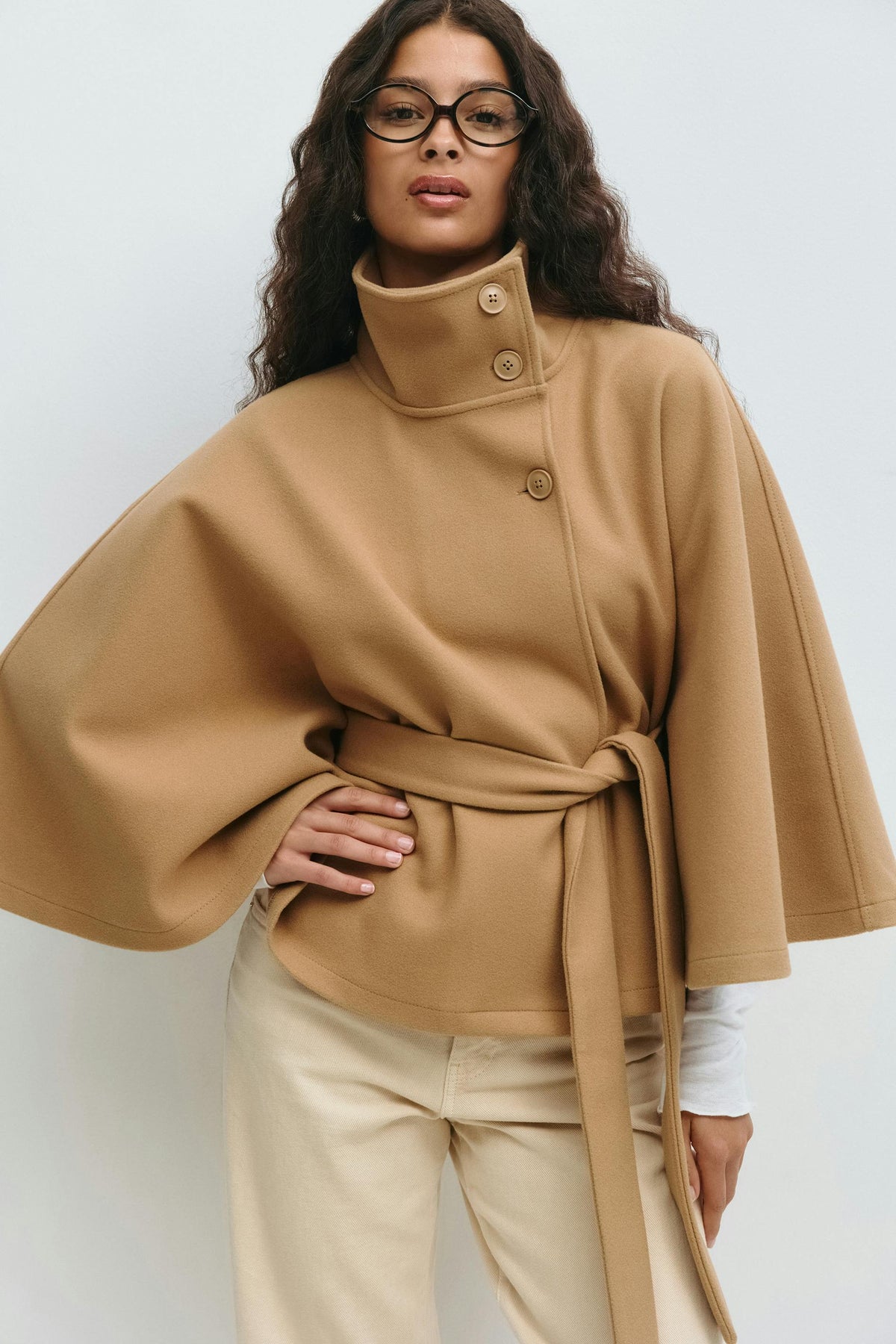 Women's Cape Coat - High-Collar Belted Winter Jacket