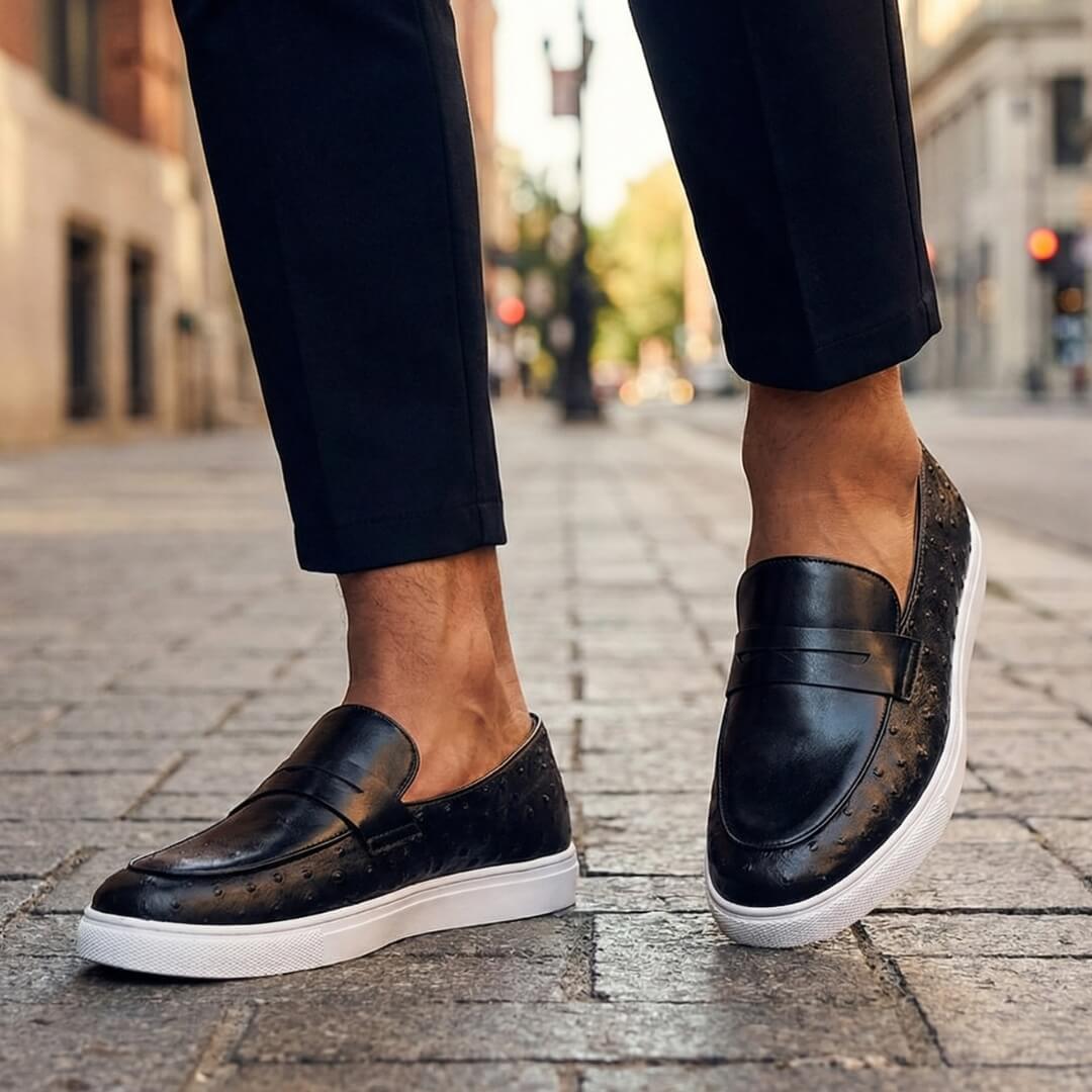 Men's Penny Loafers- Textured Panels and Contrast Sole