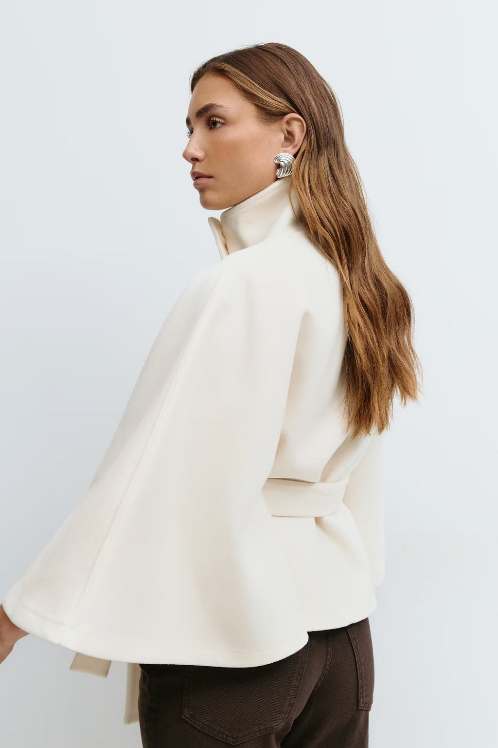 Women's Cape Coat - High-Collar Belted Winter Jacket