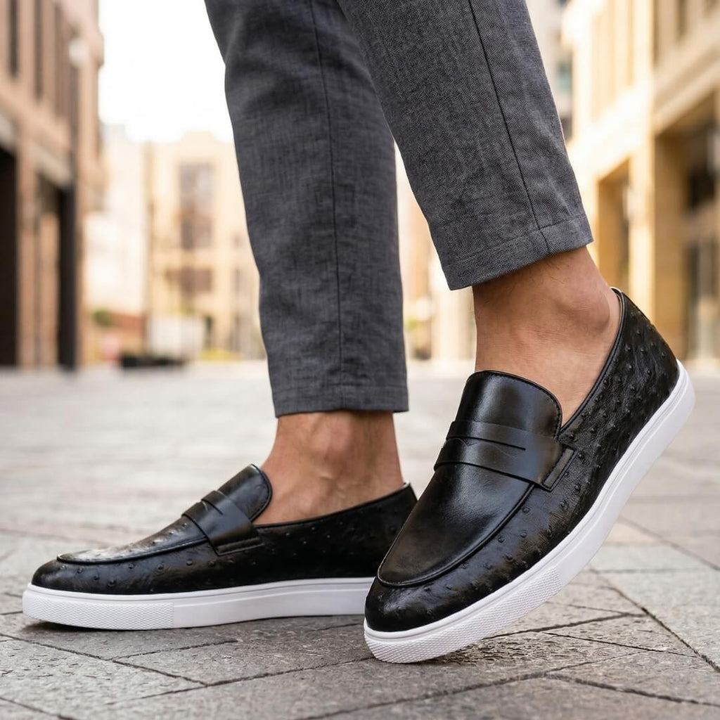 Men's Penny Loafers- Textured Panels and Contrast Sole