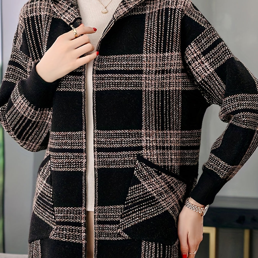 Women's Checked Hooded Jacket - Zip-Up Outerwear