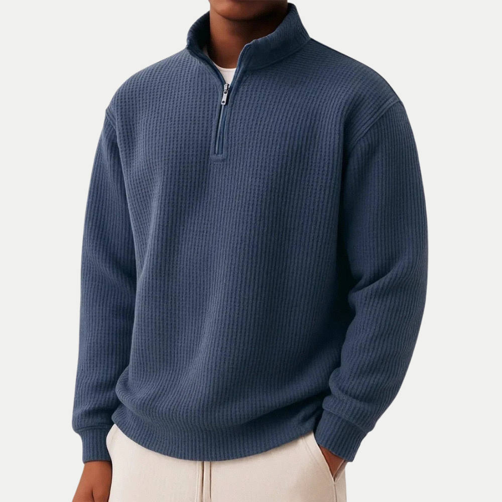 Men's Quarter-Zip Jumper- High Neck and Ribbed Trim