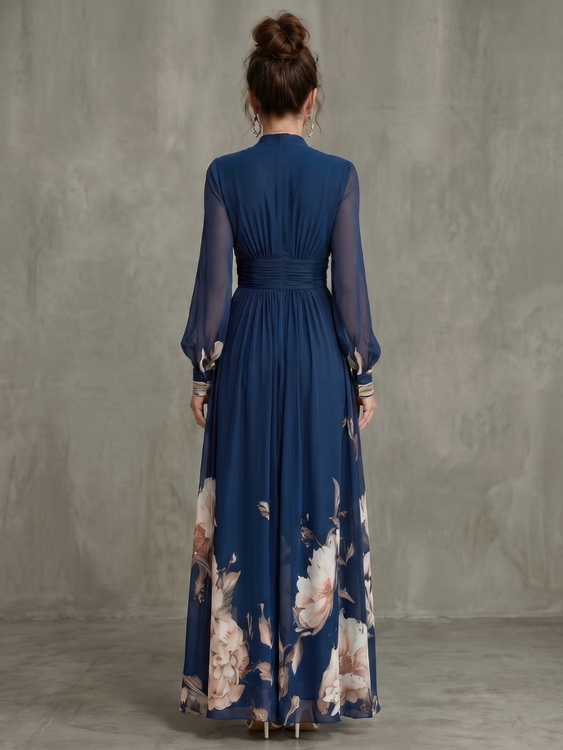 Women's Pleated Maxi Dress- Sheer Sleeves