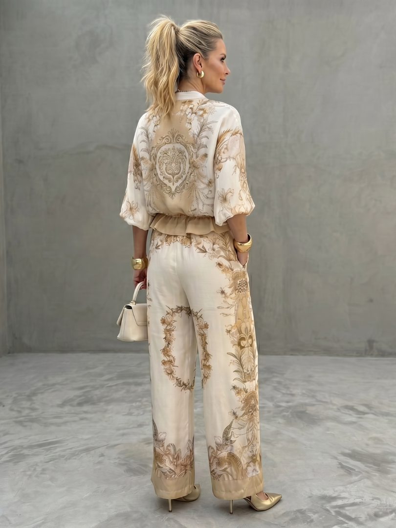 Women's Printed Two-Piece Set- Zip-Front Blouson and Trousers