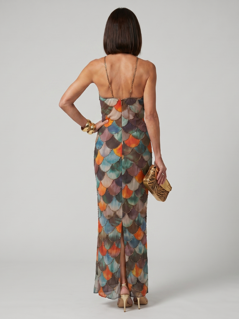 Women's Scale-Print Maxi Dress- Fitted Silhouette