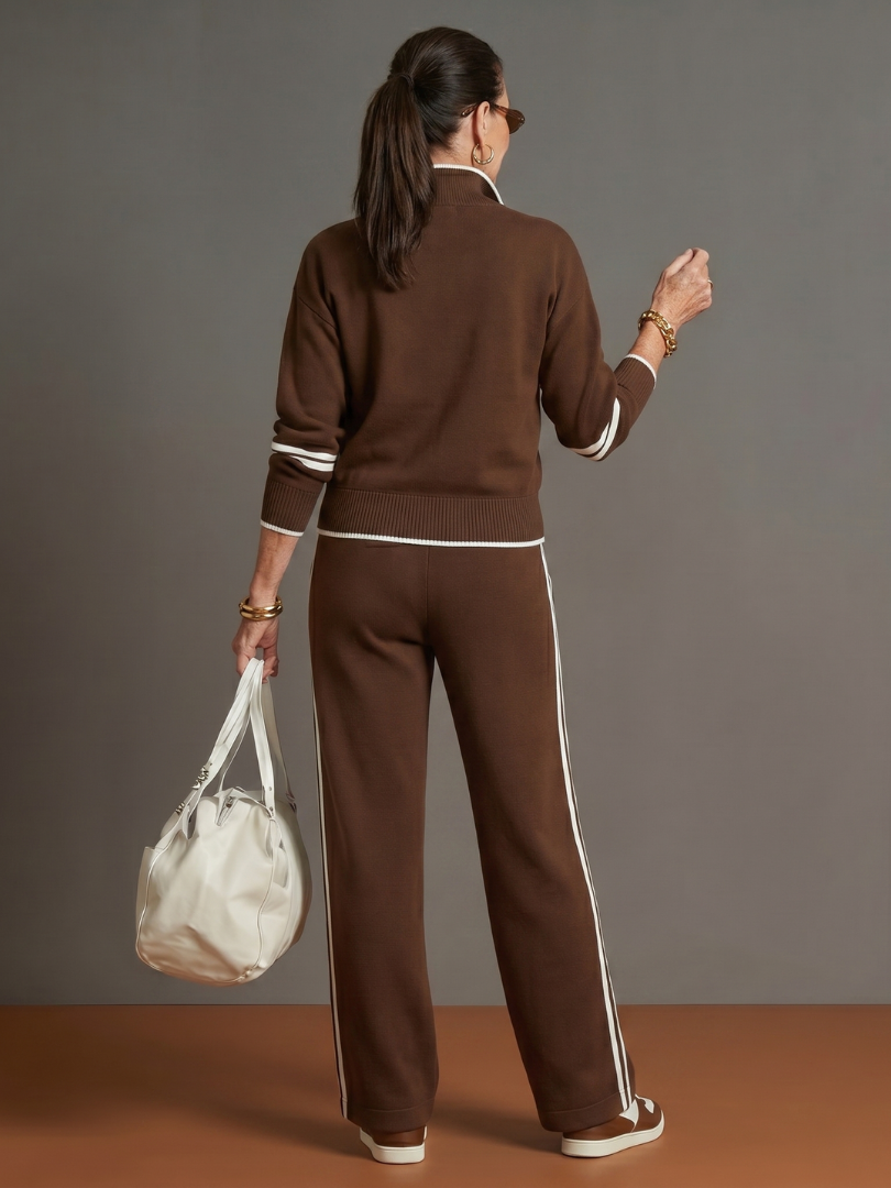 Women's Two-Piece Tracksuit- Zip-Neck Top and Side-Stripe Trousers