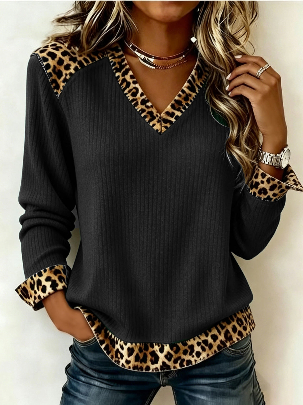 Women's V-Neck Top- Animal-Print Trim