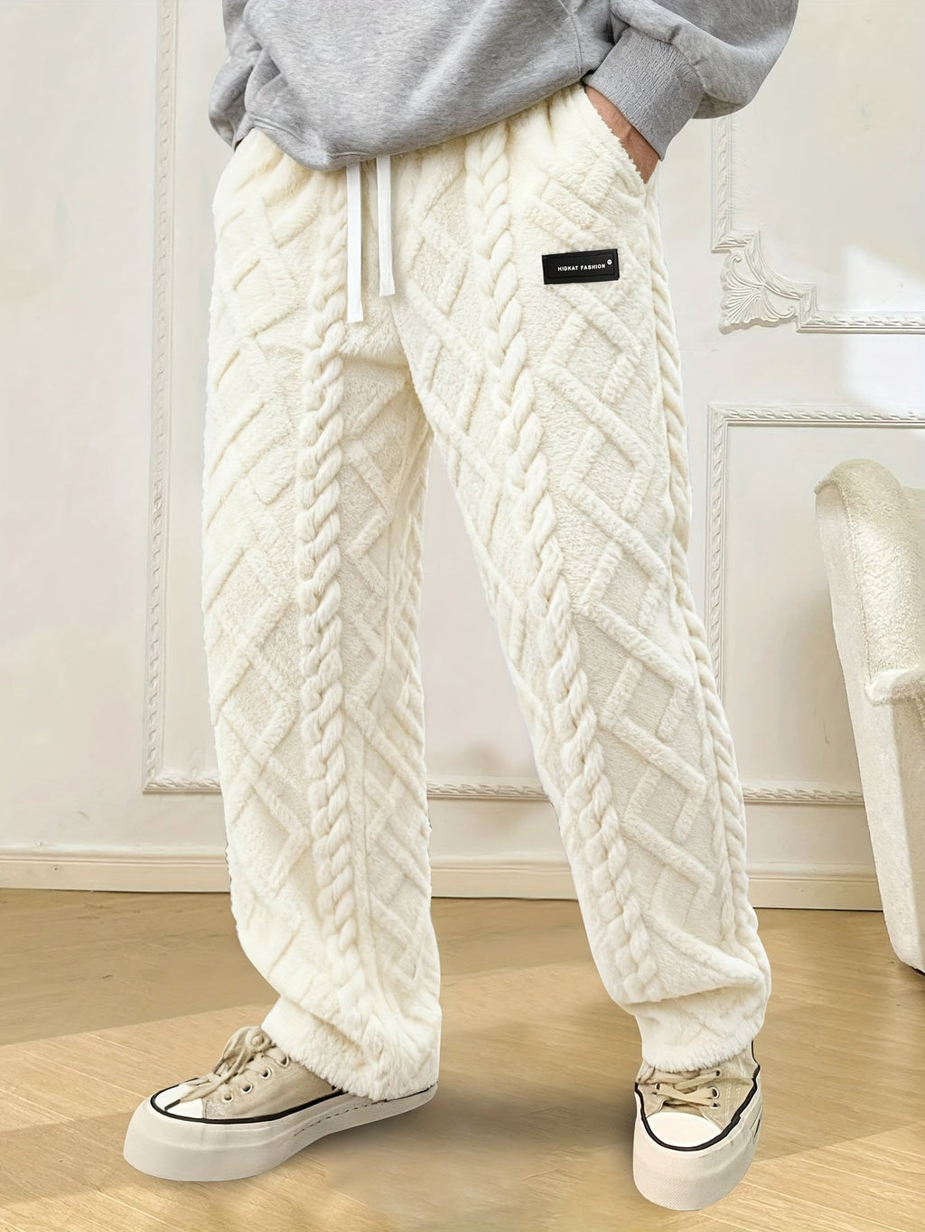 Men's Textured Joggers - Drawstring Cable-Knit Trousers