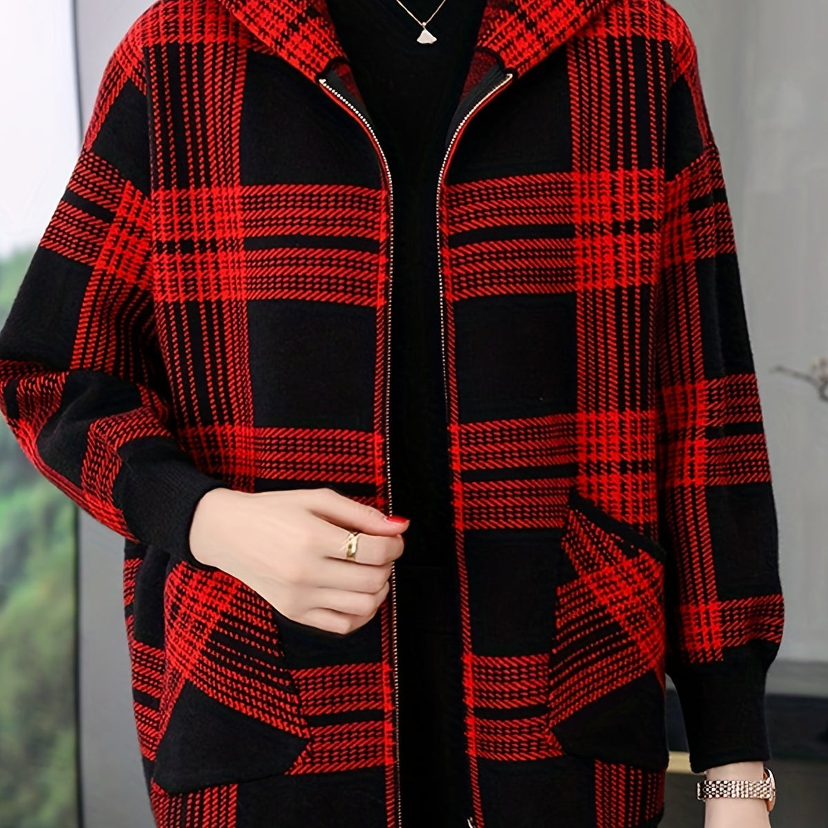 Women's Checked Hooded Jacket - Zip-Up Outerwear