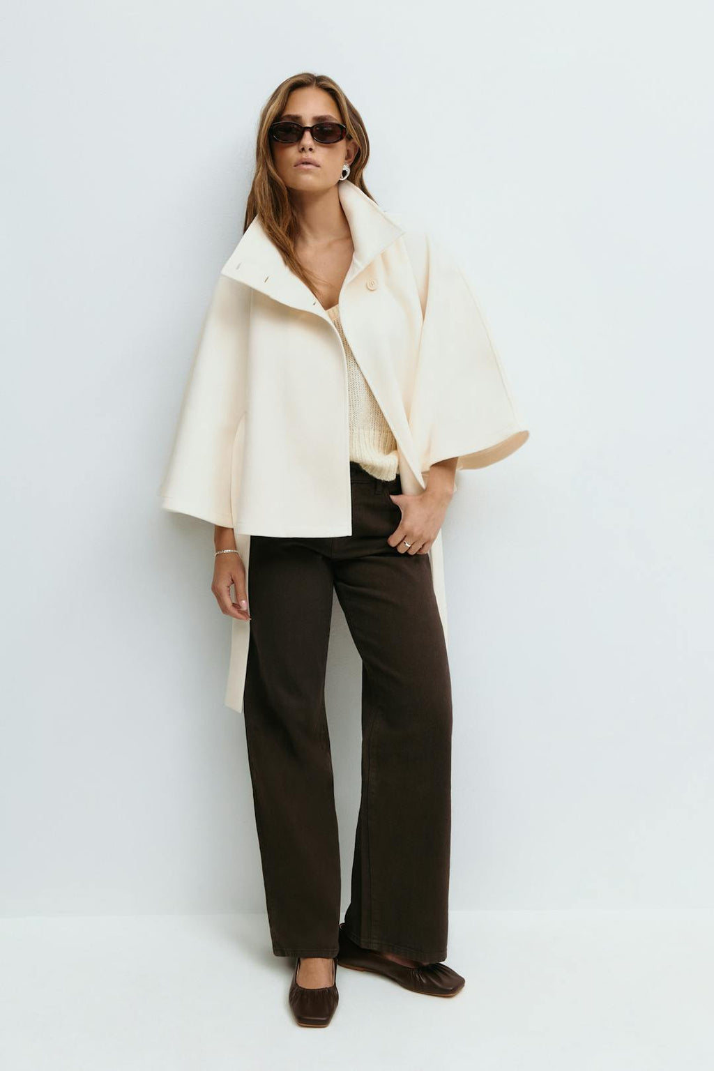 Women's Cape Coat - High-Collar Belted Winter Jacket