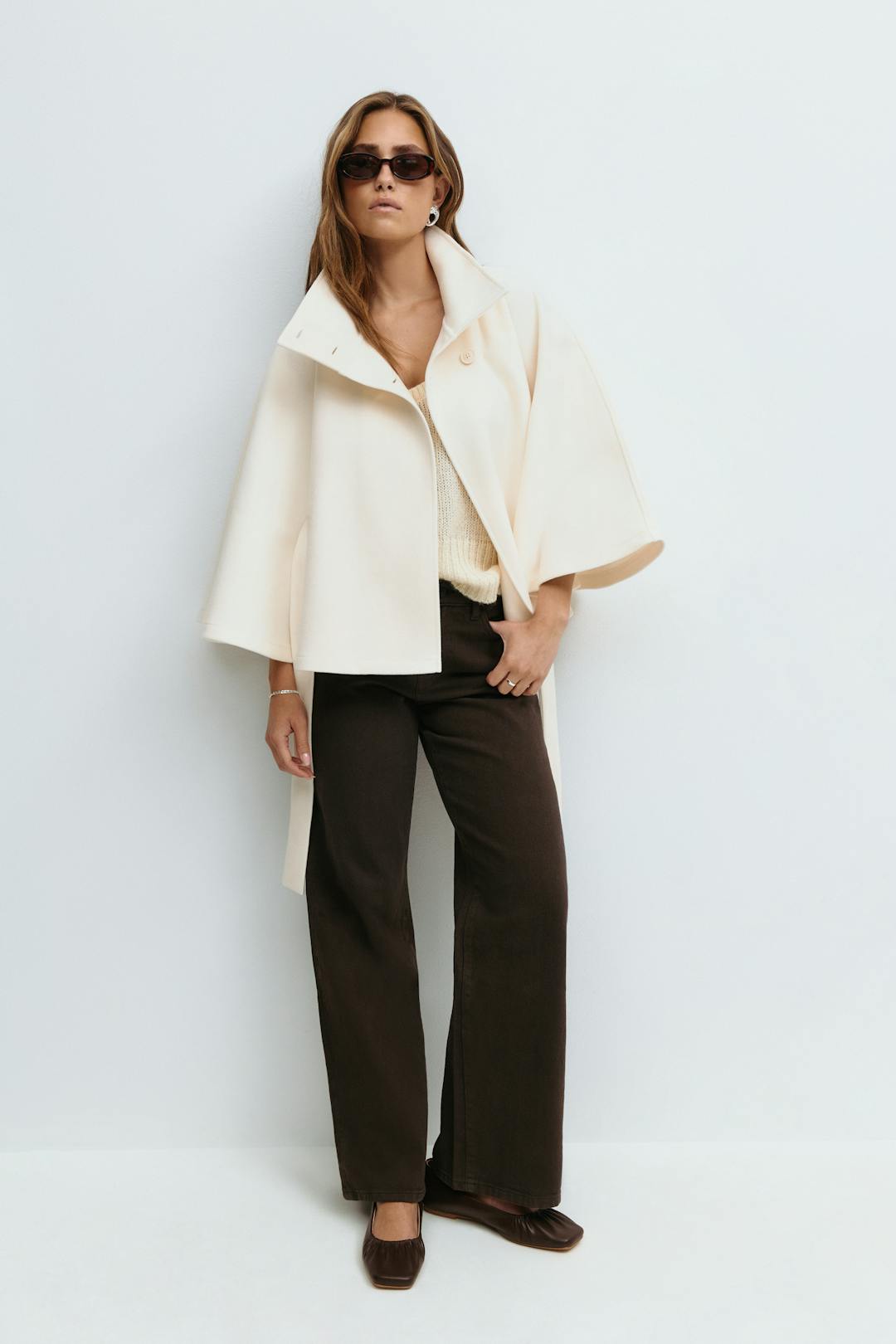 Women's Cape Coat - High-Collar Belted Winter Jacket