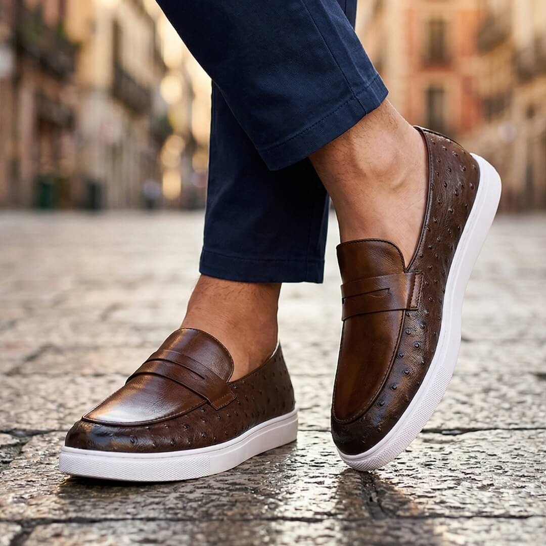 Men's Penny Loafers- Textured Panels and Contrast Sole