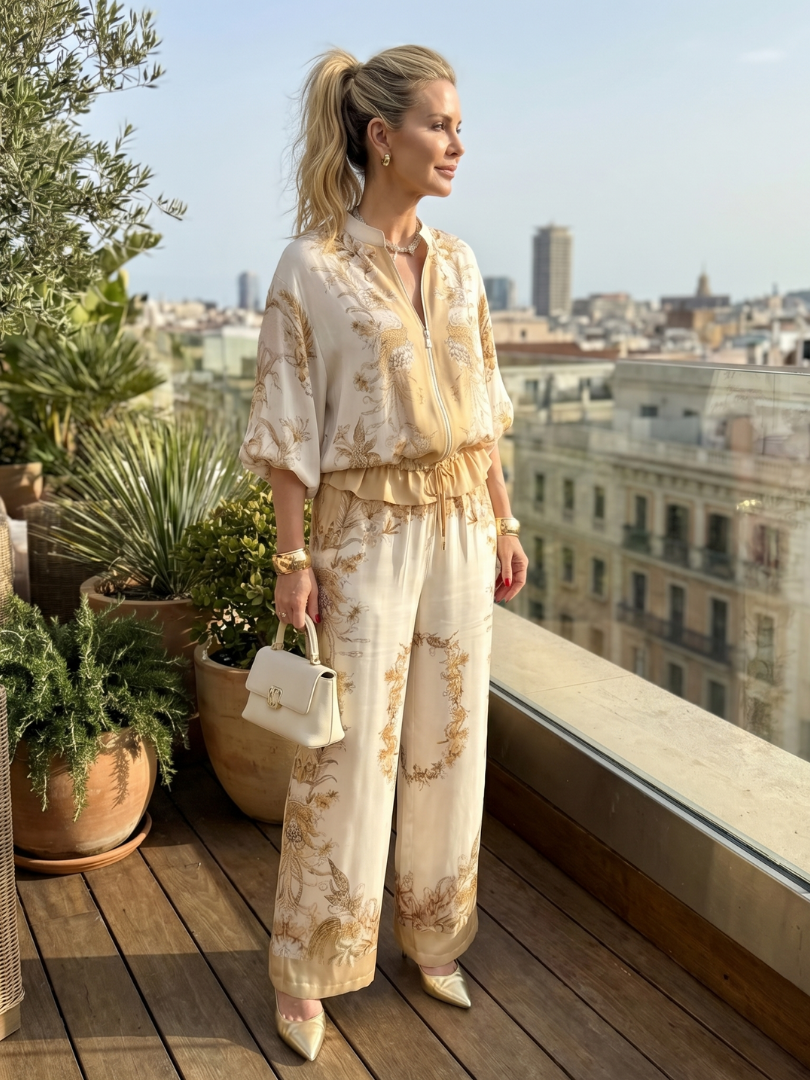 Women's Printed Two-Piece Set- Zip-Front Blouson and Trousers