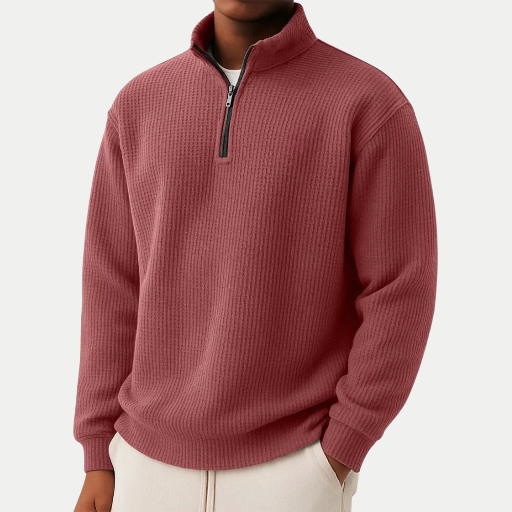 Men's Quarter-Zip Jumper- High Neck and Ribbed Trim