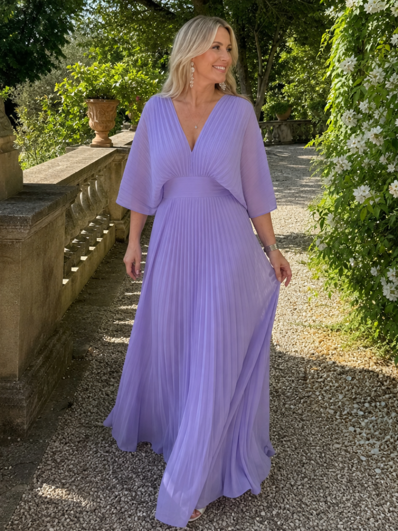 Women's Pleated Maxi Dress- V-Neck and Long Sleeves