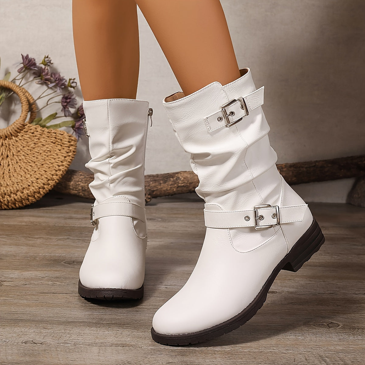 Women's Mid-Calf Boots - Slouch Buckle Flat Shoes