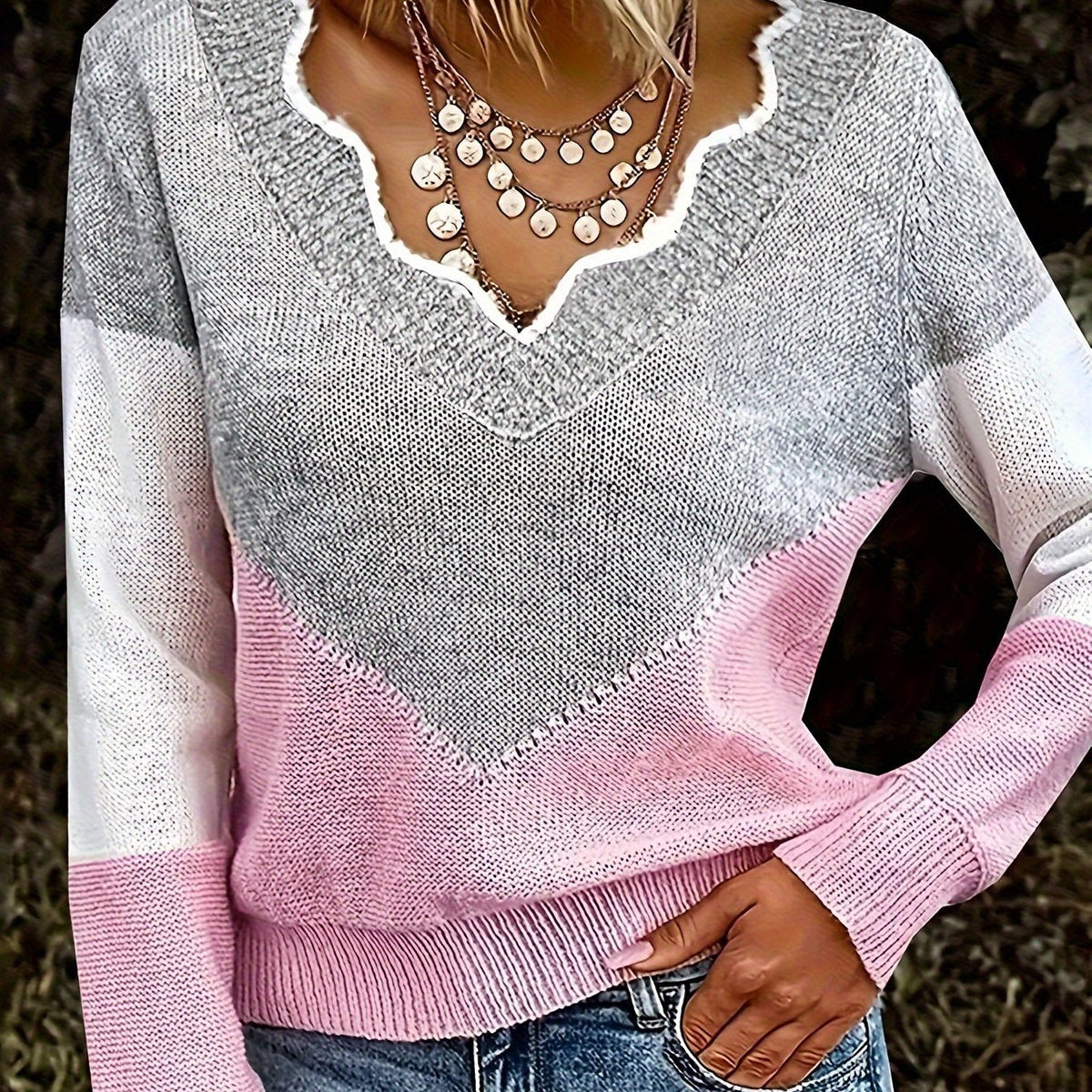 Women's Colour-Block V-Neck Jumper