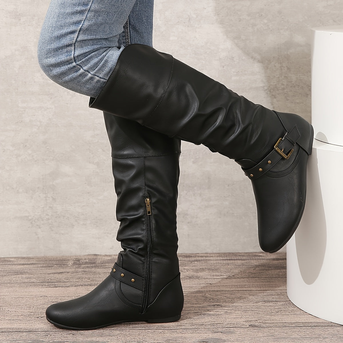Women's Slouch Riding Boots - Buckle and Knee-High Shaft