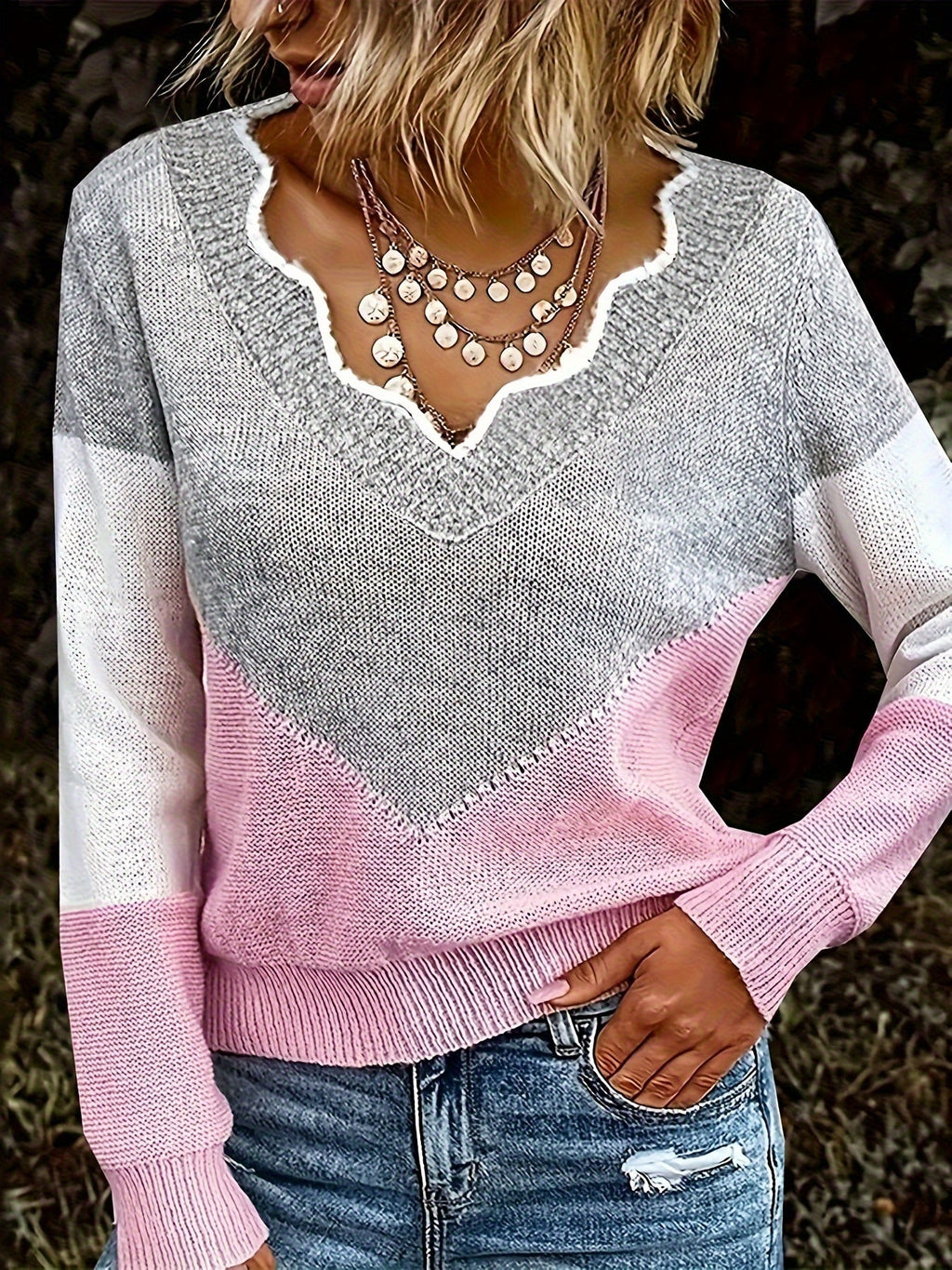 Women's Colour-Block V-Neck Jumper