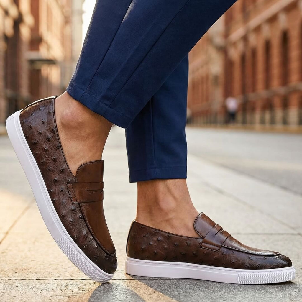 Men's Penny Loafers- Textured Panels and Contrast Sole