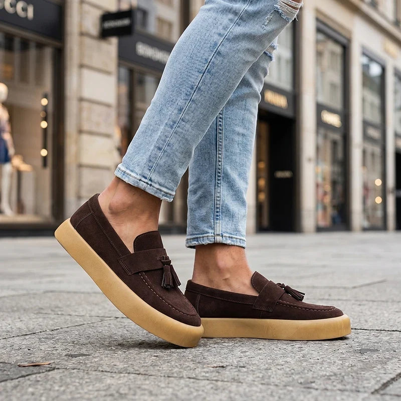 Men's Tassel Loafers- Suede-Look Upper and Tan Sole