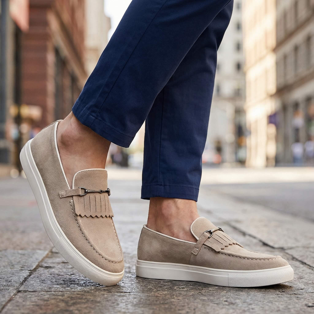 Men's Penny Loafers- Suede-Look Upper and White Sole
