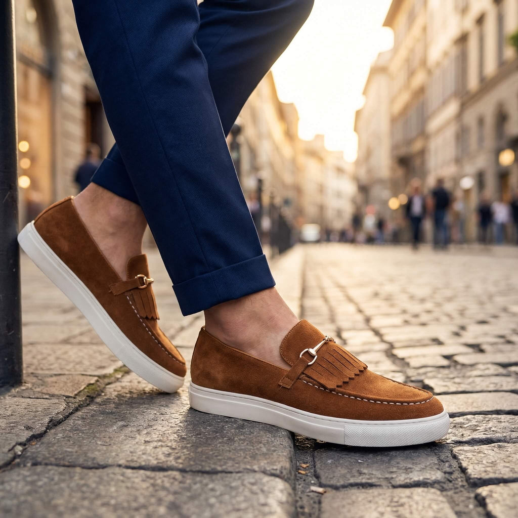 Men's Penny Loafers- Suede-Look Upper and White Sole