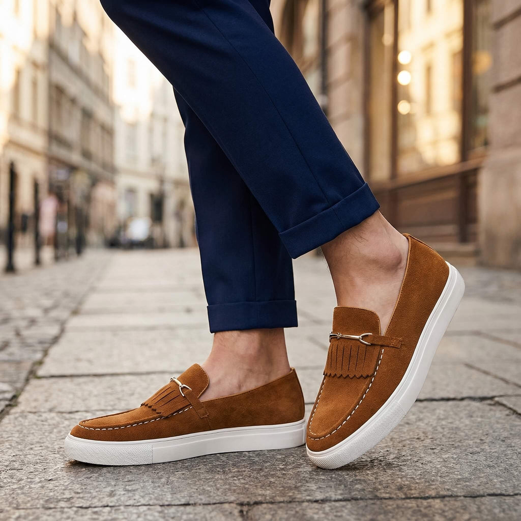 Men's Penny Loafers- Suede-Look Upper and White Sole