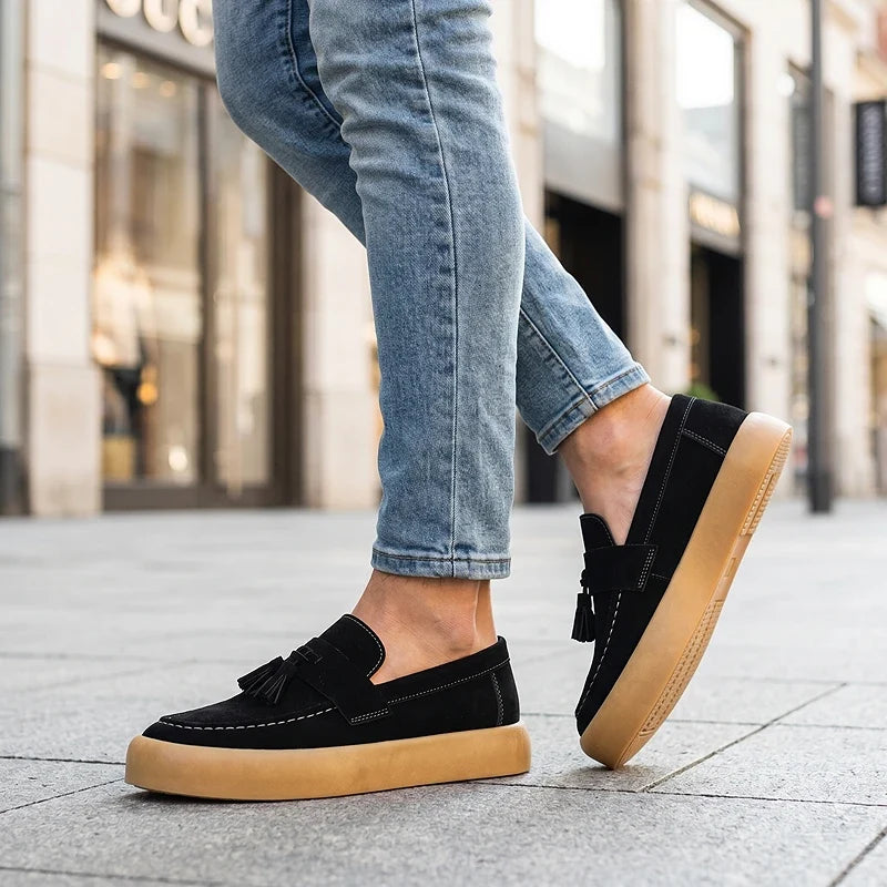 Men's Tassel Loafers- Suede-Look Upper and Tan Sole