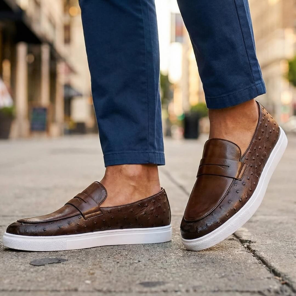 Men's Penny Loafers- Textured Panels and Contrast Sole