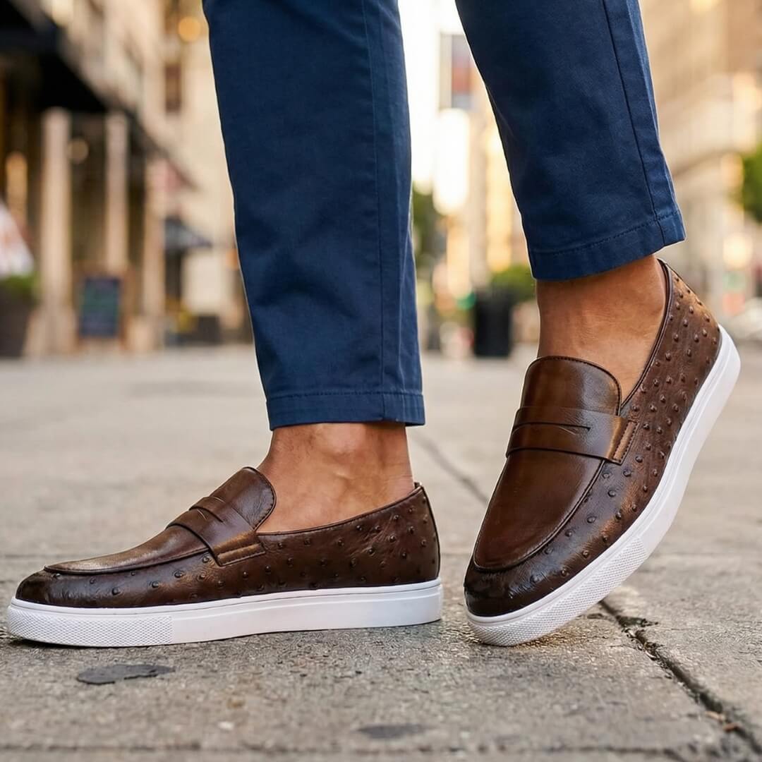 Men's Penny Loafers- Textured Panels and Contrast Sole