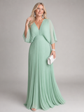 Women's Pleated Maxi Dress- V-Neck and Long Sleeves