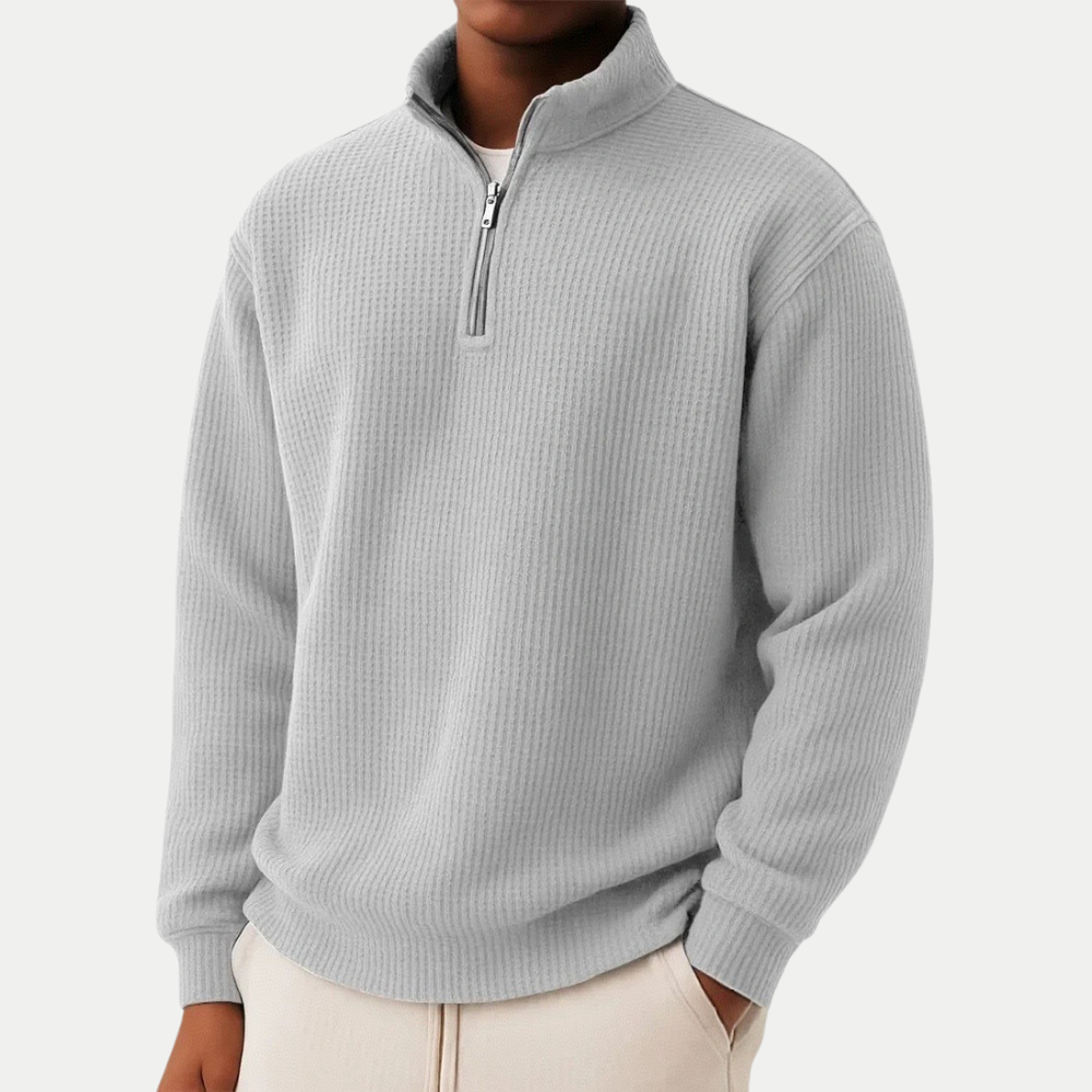 Men's Quarter-Zip Jumper- High Neck and Ribbed Trim