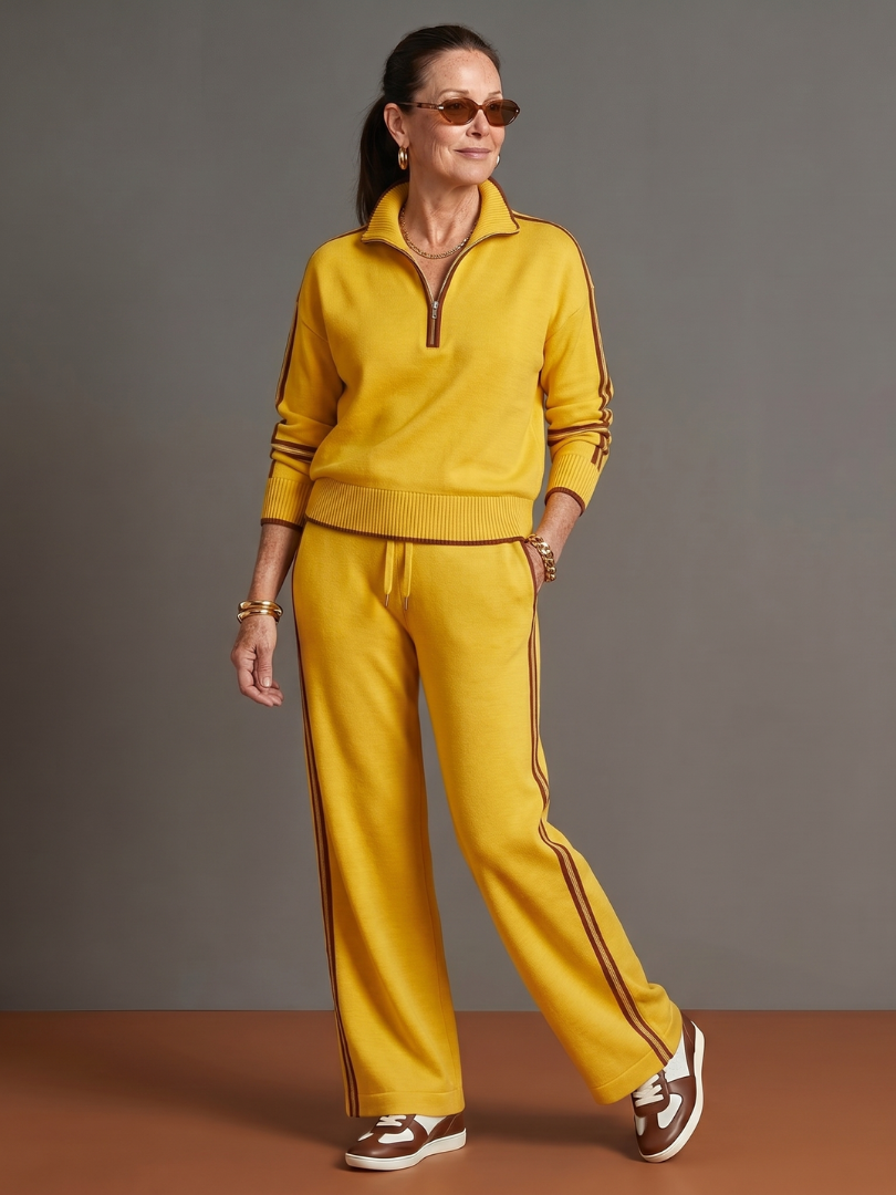 Women's Two-Piece Tracksuit- Zip-Neck Top and Side-Stripe Trousers