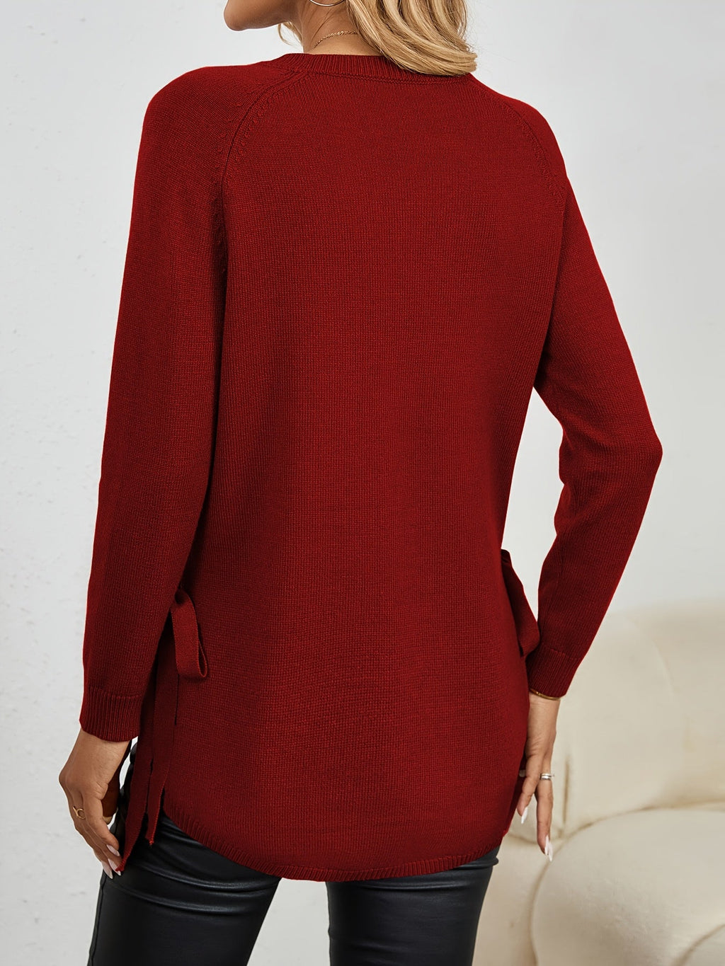 Women's Longline Sweater - Round Neck Side-Slit Knit Top