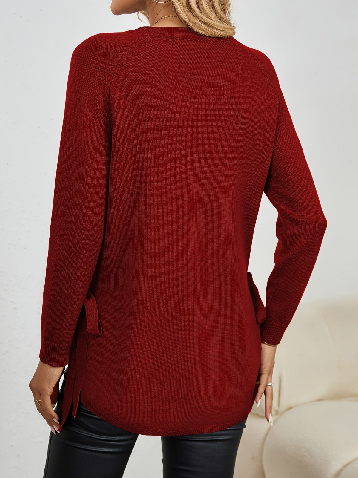 Women's Longline Sweater - Round Neck Side-Slit Knit Top