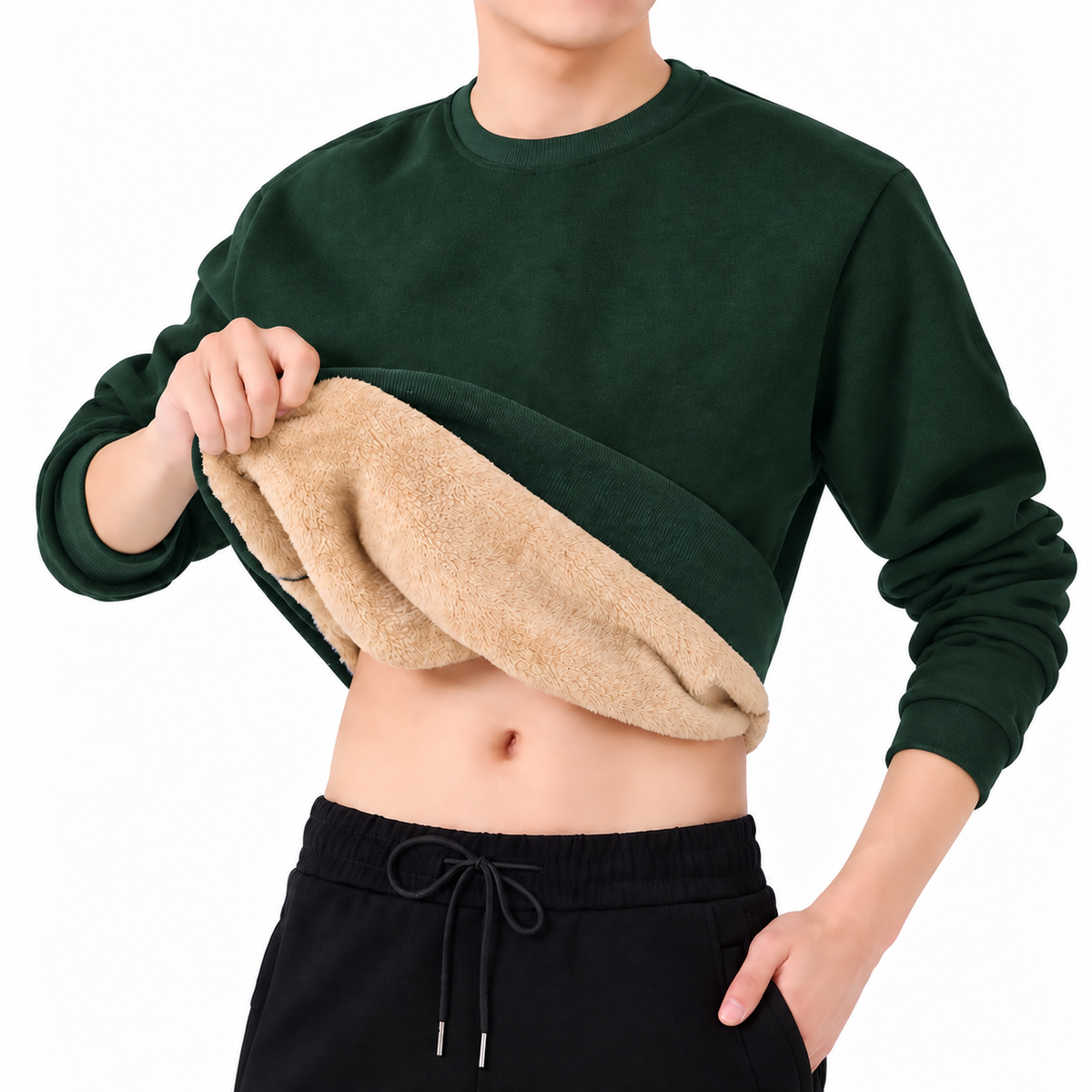 Men's Fleece Sweatshirt- Crew Neck and Ribbed Trim