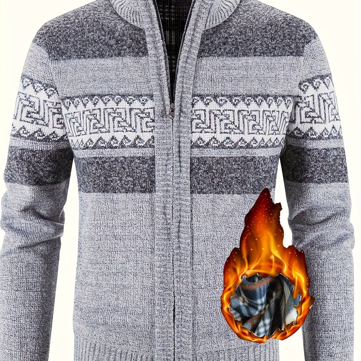 Men's Patterned Cardigan - Full-Zip Stand-Collar Knitwear