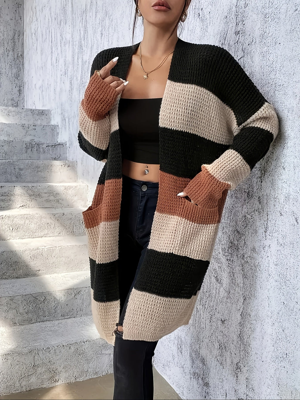 Women's Colour-Block Cardigan - Longline Open-Front Knitwear