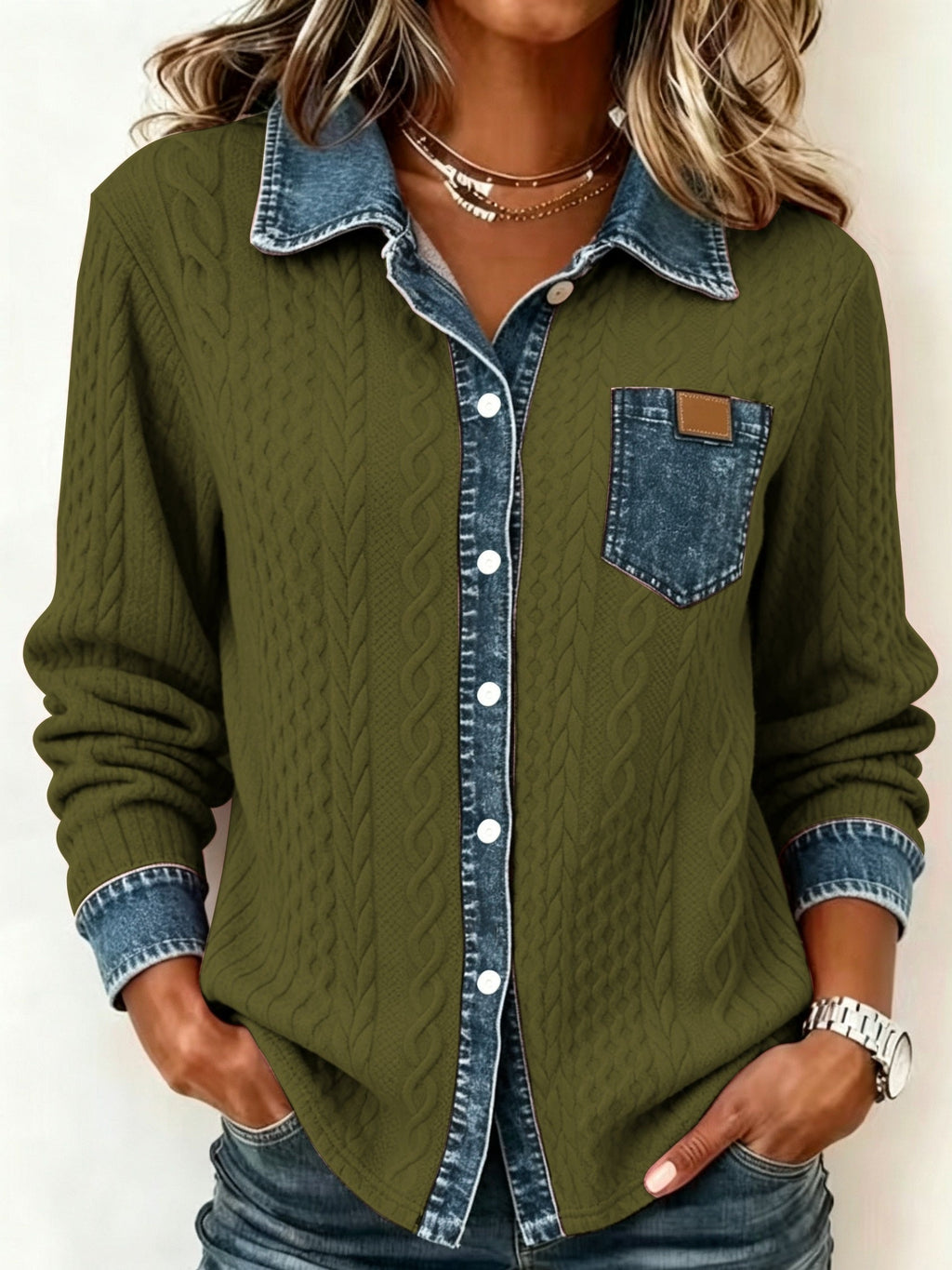 Women's Cable-Knit Cardigan - Contrast Collar Button-Front Knitwear
