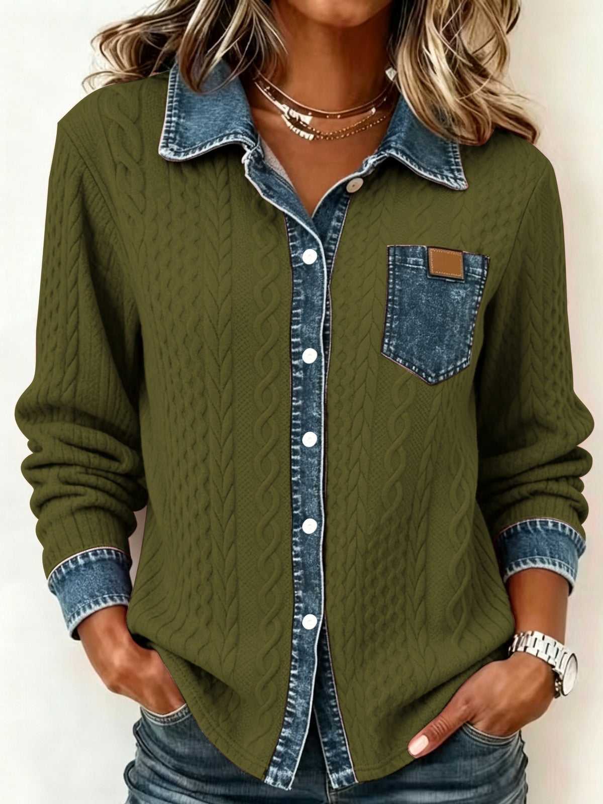 Women's Cable-Knit Cardigan - Contrast Collar Button-Front Knitwear